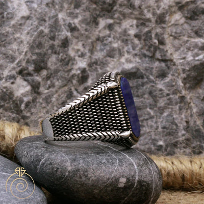 Zyan Gems | Unique Turkish Style Ring with Natural Blue Lapis Lazuli |  Sterling Silver Oxidized Ring