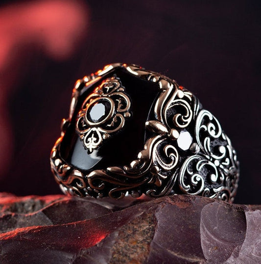 Zyan Gems | Unique Turkish Style Ring with Natural Black Onyx |  Sterling Silver Oxidized Ring