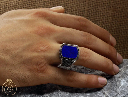 Zyan Gems | Unique Turkish Style Ring with Natural Blue Lapis Lazuli |  Sterling Silver Oxidized Ring