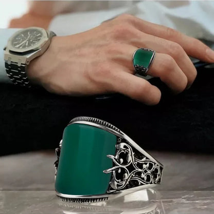 Zyan Gems | Unique Turkish Style Curved Ring with Green Onyx |  Sterling Silver Oxidized Ring