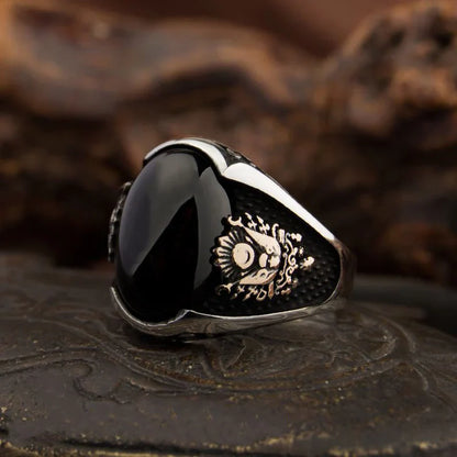 Zyan Gems | Unique Turkish Style Ring with Natural Black Onyx | Black Rhodium & Gold Plated  Sterling Silver Ring