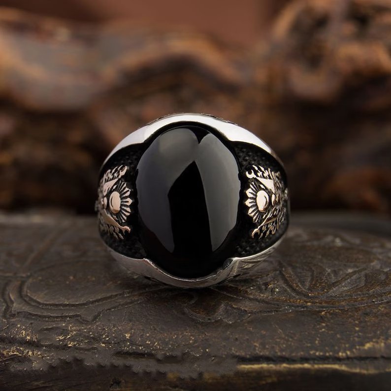 Zyan Gems | Unique Turkish Style Ring with Natural Black Onyx | Black Rhodium & Gold Plated  Sterling Silver Ring