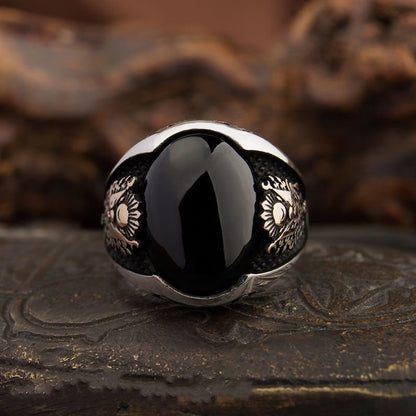 Zyan Gems | Unique Turkish Style Ring with Natural Black Onyx | Black Rhodium & Gold Plated  Sterling Silver Ring