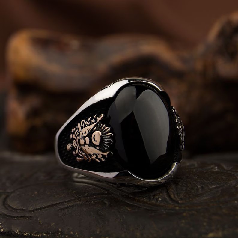 Zyan Gems | Unique Turkish Style Ring with Natural Black Onyx | Black Rhodium & Gold Plated  Sterling Silver Ring