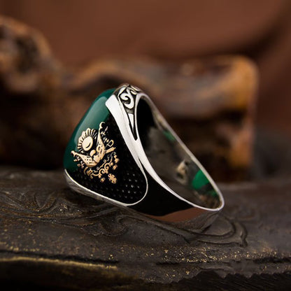 Zyan Gems | Unique Designed Turkish Style Ring with Green Onyx  |  Sterling Silver Gold Plated Ring