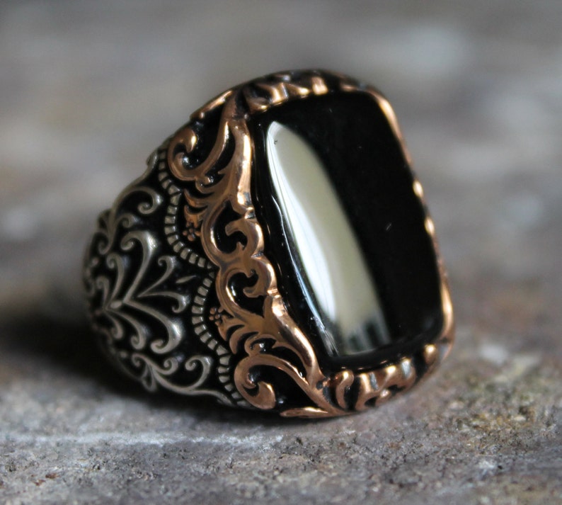 Zyan Gems | Unique Turkish Style Ring with Natural Black Onyx |  Sterling Silver Oxidized Ring