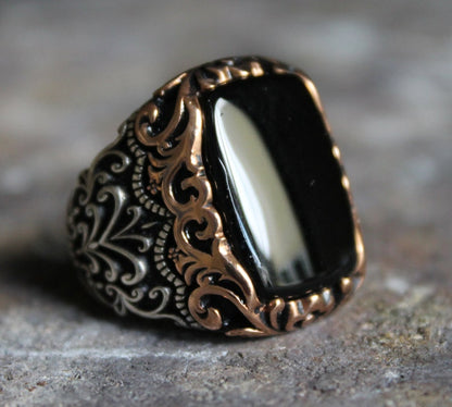 Zyan Gems | Unique Turkish Style Ring with Natural Black Onyx |  Sterling Silver Oxidized Ring