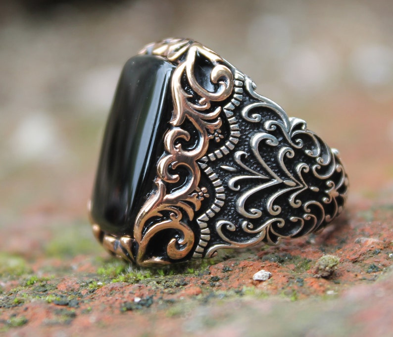 Zyan Gems | Unique Turkish Style Ring with Natural Black Onyx |  Sterling Silver Oxidized Ring