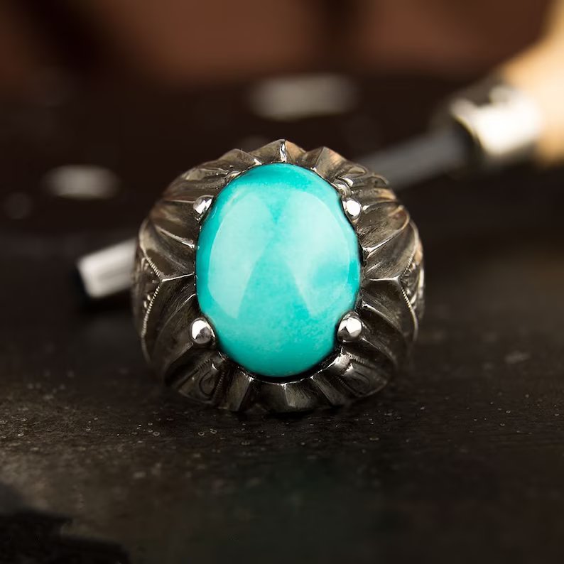 Zyan Gems | Unique Designed Turkish Style Ring with Natural Irani Turquoise (Firoza) |  Sterling Silver Oxidized Ring