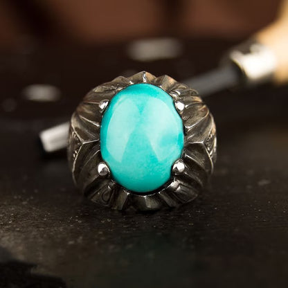 Zyan Gems | Unique Designed Turkish Style Ring with Natural Irani Turquoise (Firoza) |  Sterling Silver Oxidized Ring