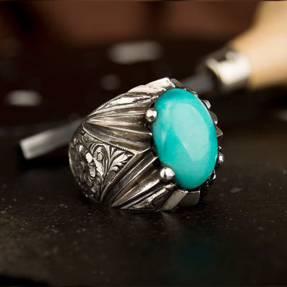 Zyan Gems | Unique Designed Turkish Style Ring with Natural Irani Turquoise (Firoza) |  Sterling Silver Oxidized Ring