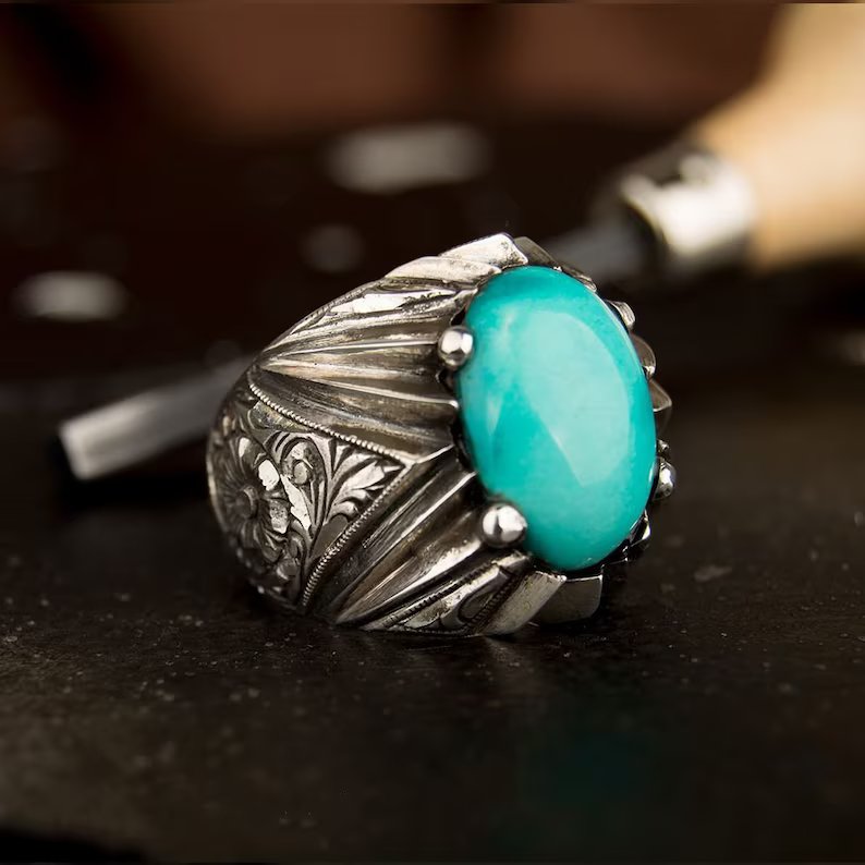 Zyan Gems | Unique Designed Turkish Style Ring with Natural Irani Turquoise (Firoza) |  Sterling Silver Oxidized Ring