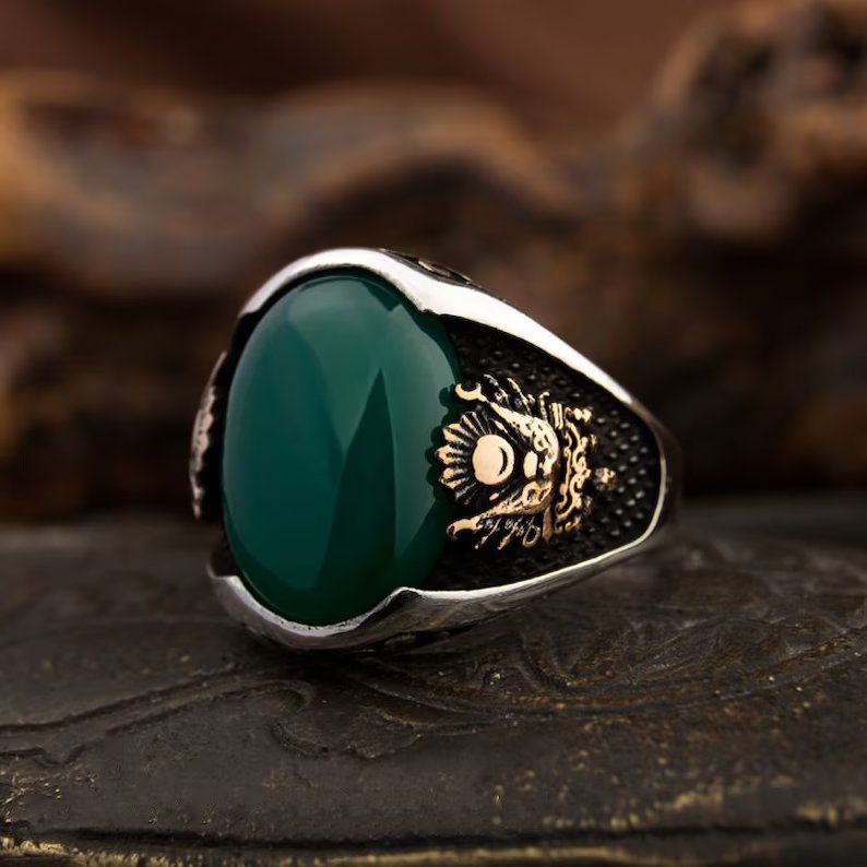 Zyan Gems | Unique Designed Turkish Style Ring with Green Onyx  |  Sterling Silver Gold Plated Ring