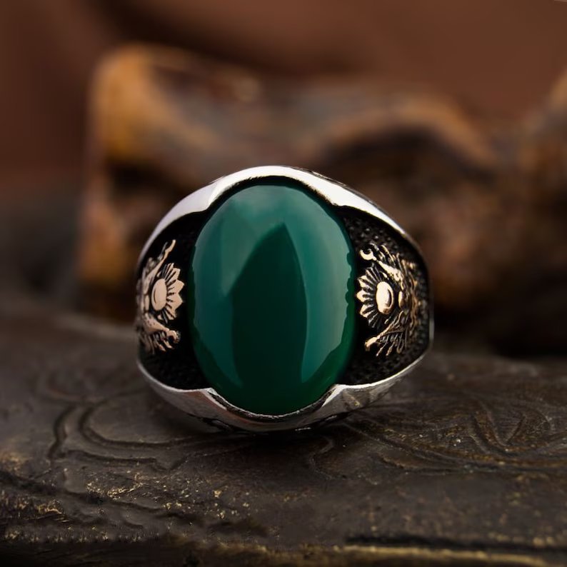 Zyan Gems | Unique Designed Turkish Style Ring with Green Onyx  |  Sterling Silver Gold Plated Ring