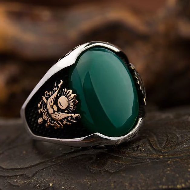 Zyan Gems | Unique Designed Turkish Style Ring with Green Onyx  |  Sterling Silver Gold Plated Ring