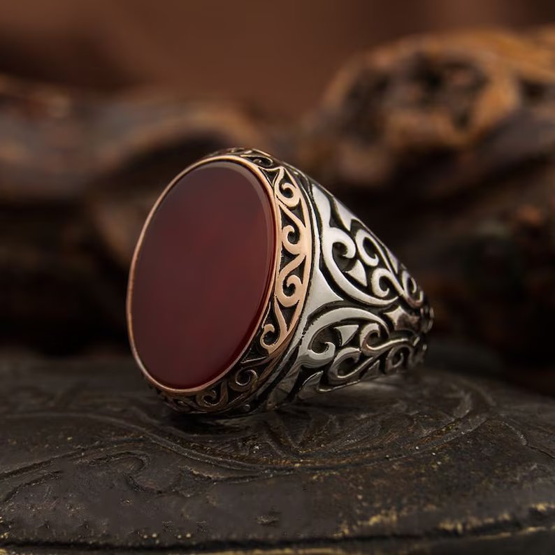 Zyan Gems | Unique Turkish Style Ring with Natural Red Agate |  Sterling Silver Oxidized Ring