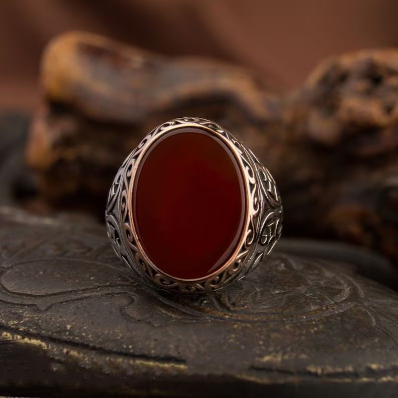 Zyan Gems | Unique Turkish Style Ring with Natural Red Agate |  Sterling Silver Oxidized Ring