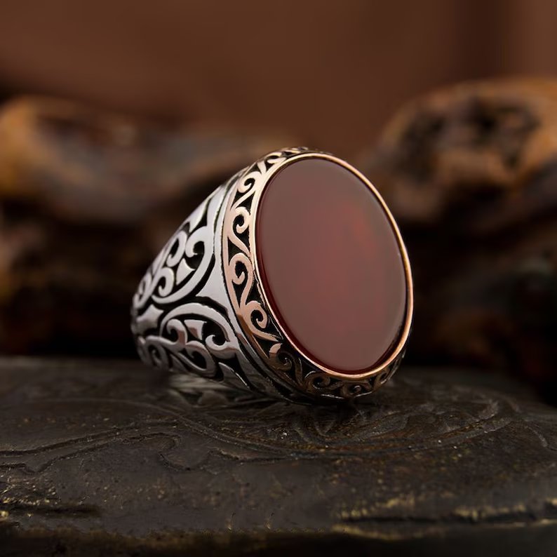 Zyan Gems | Unique Turkish Style Ring with Natural Red Agate |  Sterling Silver Oxidized Ring