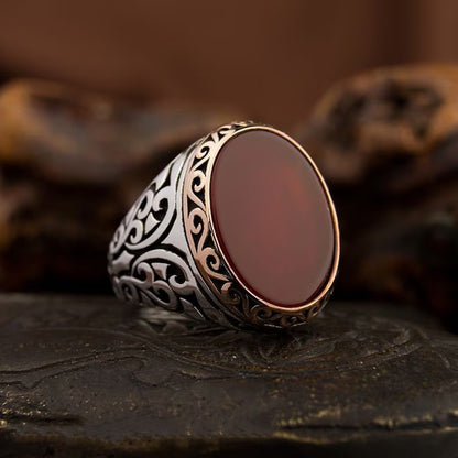 Zyan Gems | Unique Turkish Style Ring with Natural Red Agate |  Sterling Silver Oxidized Ring
