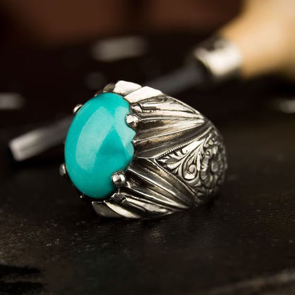 Zyan Gems | Unique Designed Turkish Style Ring with Natural Irani Turquoise (Firoza) |  Sterling Silver Oxidized Ring