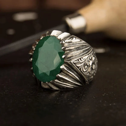 Zyan Gems | Unique Designed Turkish Style Ring with Emerald |  Sterling Silver Oxidized Ring