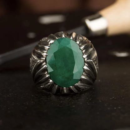 Zyan Gems | Unique Designed Turkish Style Ring with Emerald |  Sterling Silver Oxidized Ring