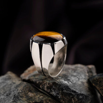 Zyan Gems | Unique Designed Turkish Style Ring with Natural Tiger Eye  |  Sterling Silver Oxidized Ring