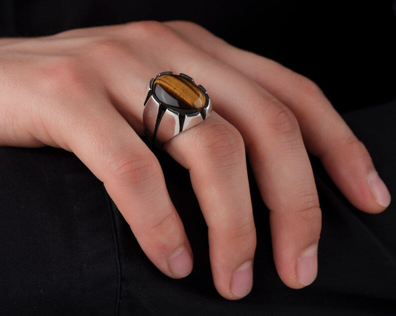 Zyan Gems | Unique Designed Turkish Style Ring with Natural Tiger Eye  |  Sterling Silver Oxidized Ring
