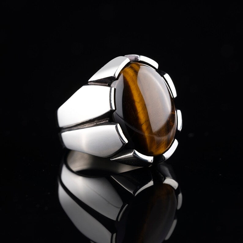 Zyan Gems | Unique Designed Turkish Style Ring with Natural Tiger Eye  |  Sterling Silver Oxidized Ring
