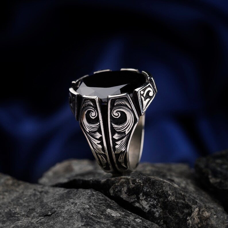 Zyan Gems | Unique Turkish Style Ring with Natural Black Onyx | Black Rhodium & Gold Plated  Sterling Silver Ring