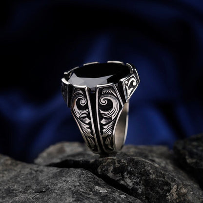 Zyan Gems | Unique Turkish Style Ring with Natural Black Onyx | Black Rhodium & Gold Plated  Sterling Silver Ring