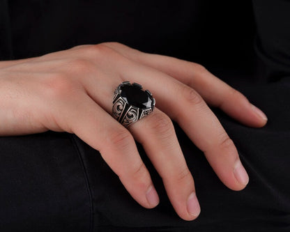 Zyan Gems | Unique Turkish Style Ring with Natural Black Onyx | Black Rhodium & Gold Plated  Sterling Silver Ring