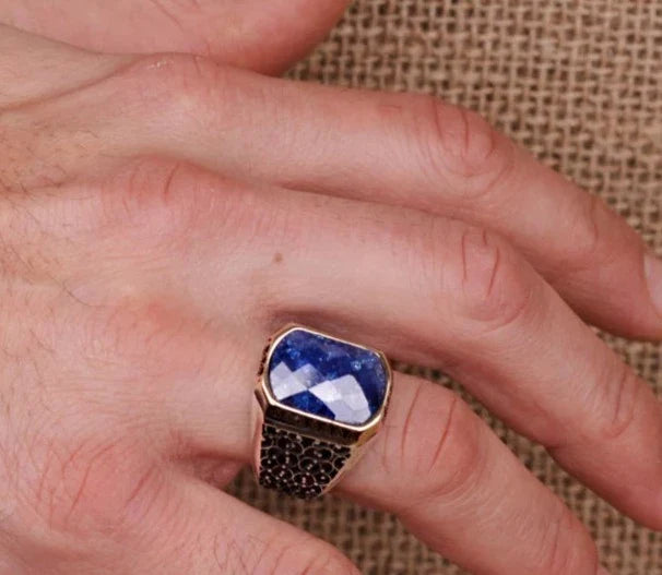 Zyan Gems | Unique Turkish Style Ring with Natural Blue Lapis Lazuli |  Sterling Silver Oxidized Ring