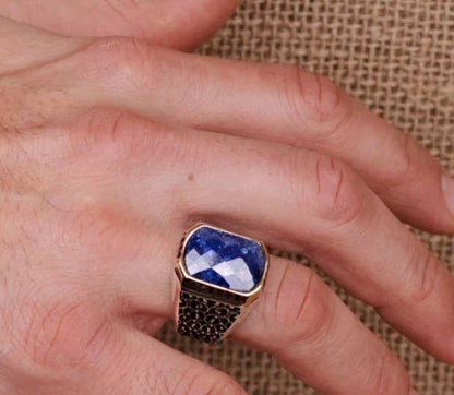 Zyan Gems | Unique Turkish Style Ring with Natural Blue Lapis Lazuli |  Sterling Silver Oxidized Ring