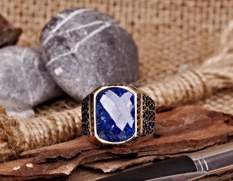 Zyan Gems | Unique Turkish Style Ring with Natural Blue Lapis Lazuli |  Sterling Silver Oxidized Ring