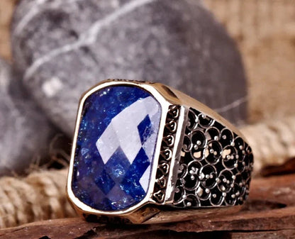 Zyan Gems | Unique Turkish Style Ring with Natural Blue Lapis Lazuli |  Sterling Silver Oxidized Ring