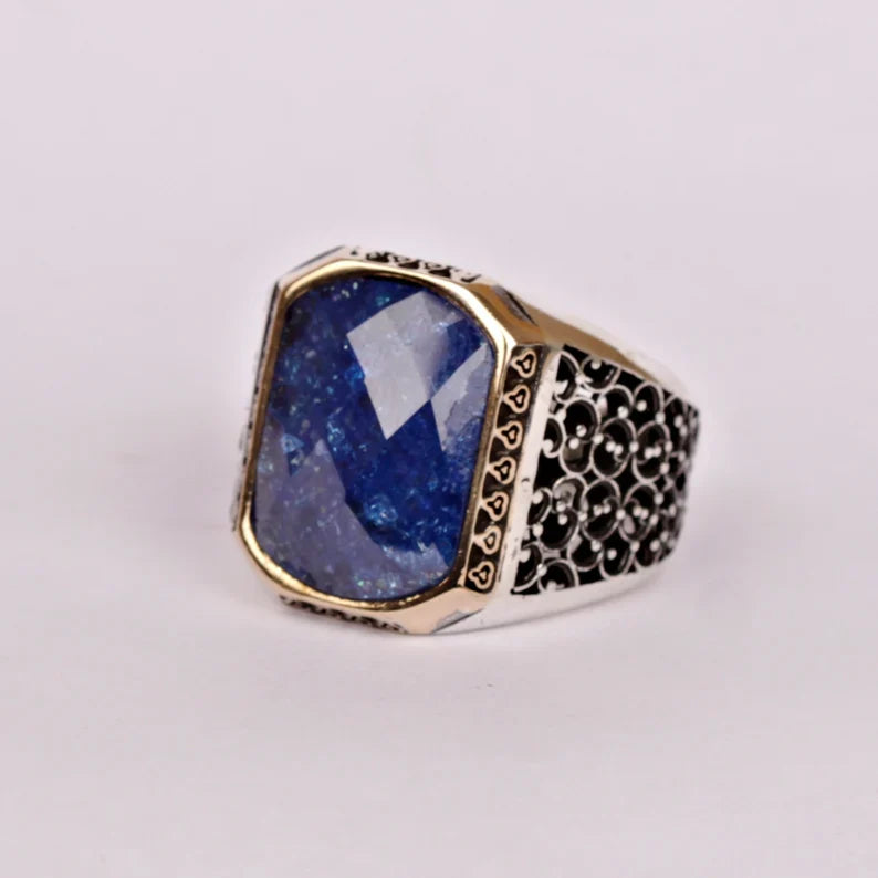 Zyan Gems | Unique Turkish Style Ring with Natural Blue Lapis Lazuli |  Sterling Silver Oxidized Ring
