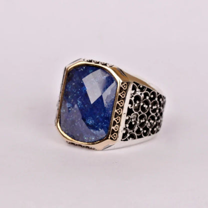 Zyan Gems | Unique Turkish Style Ring with Natural Blue Lapis Lazuli |  Sterling Silver Oxidized Ring