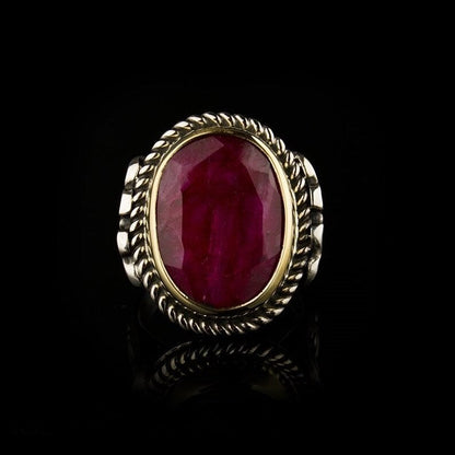 Zyan Gems | Unique Designed Turkish Style Heavy Ring with Natural Red Ruby GOLD PLATED Micron Plated  Sterling Silver Oxidized Ring