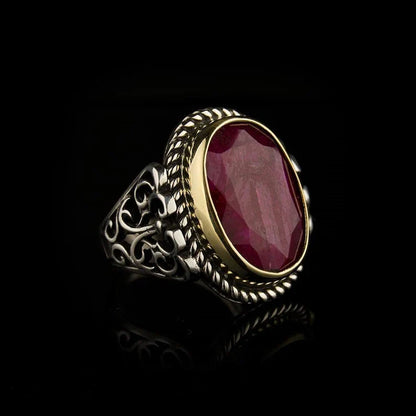 Zyan Gems | Unique Designed Turkish Style Heavy Ring with Natural Red Ruby |  Gold Micron Plated  Sterling Silver Oxidized Ring