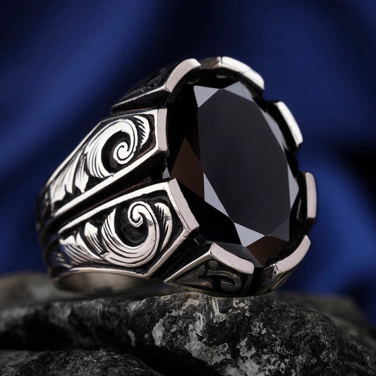 Zyan Gems | Unique Turkish Style Ring with Natural Black Onyx | Black Rhodium & Gold Plated  Sterling Silver Ring