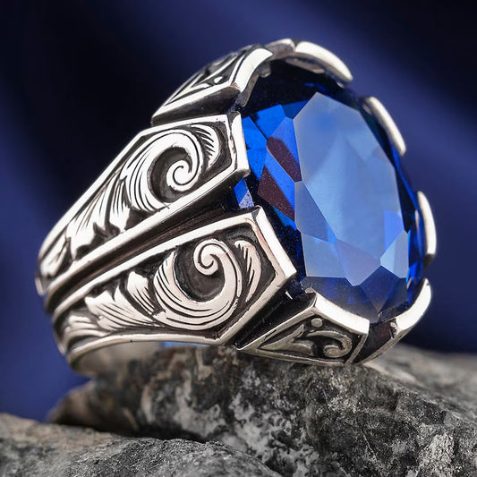 Zyan Gems | Unique Turkish Style Ring with Srilankan Blue Sapphire |  Sterling Silver Oxidized Ring