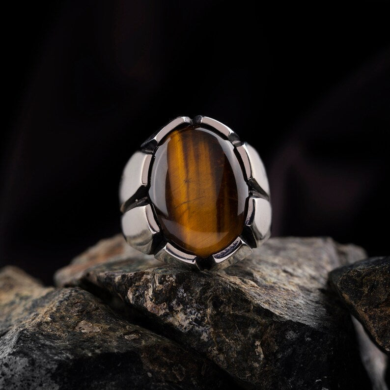 Zyan Gems | Unique Designed Turkish Style Ring with Natural Tiger Eye  |  Sterling Silver Oxidized Ring