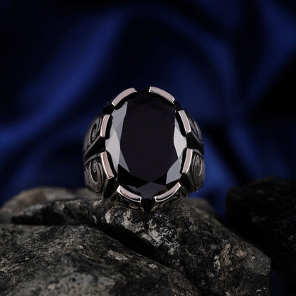 Zyan Gems | Unique Turkish Style Ring with Natural Black Onyx | Black Rhodium & Gold Plated  Sterling Silver Ring