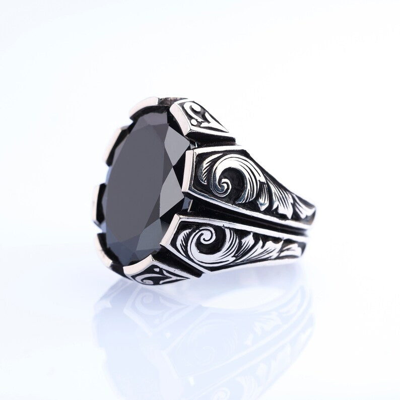 Zyan Gems | Unique Turkish Style Ring with Natural Black Onyx | Black Rhodium & Gold Plated  Sterling Silver Ring