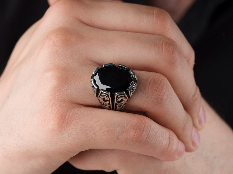 Zyan Gems | Unique Turkish Style Ring with Natural Black Onyx | Black Rhodium & Gold Plated  Sterling Silver Ring