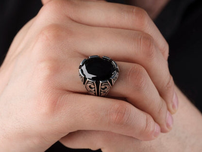Zyan Gems | Unique Turkish Style Ring with Natural Black Onyx | Black Rhodium & Gold Plated  Sterling Silver Ring
