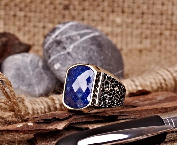Zyan Gems | Unique Turkish Style Ring with Natural Blue Lapis Lazuli |  Sterling Silver Oxidized Ring