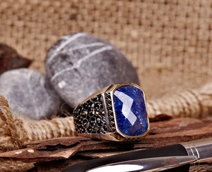 Zyan Gems | Unique Turkish Style Ring with Natural Blue Lapis Lazuli |  Sterling Silver Oxidized Ring
