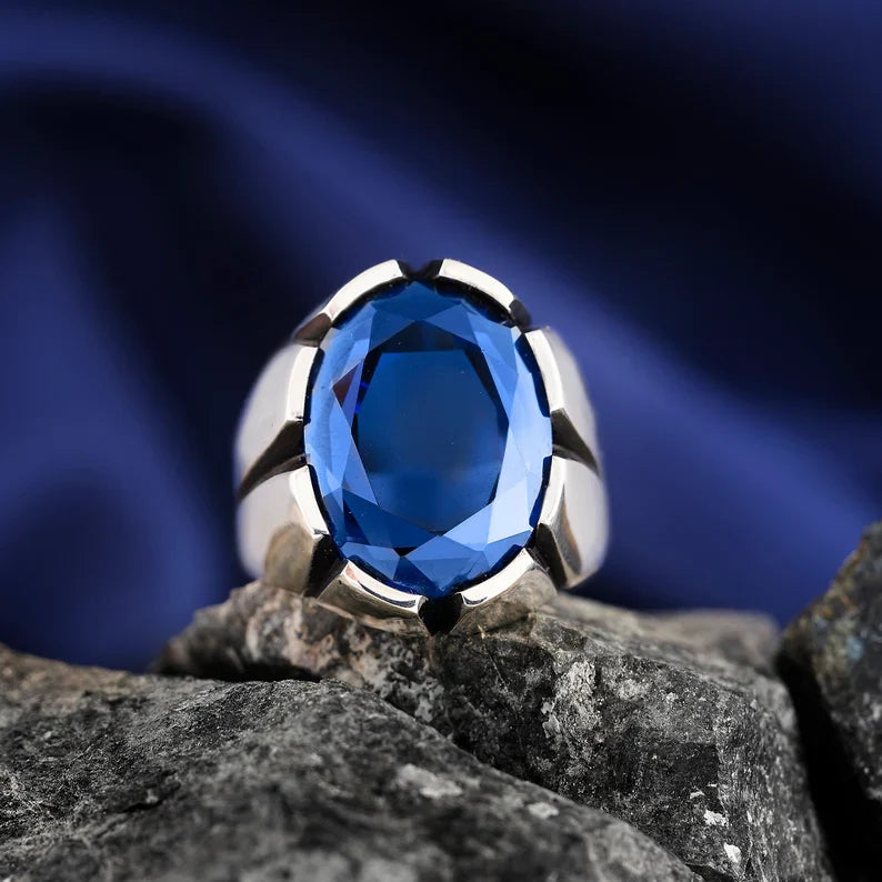 Zyan Gems | Unique Turkish Style Ring with S Blue Sapphire, Oxidized Sterling Silver  Ring | Jewellery for Men